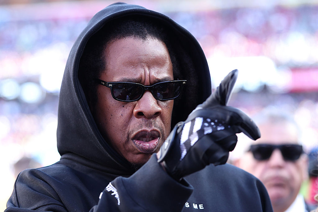 SANTA CLARA, CALIFORNIA - FEBRUARY 08: Jay-Z looks on prior to the start of Super Bowl LX between the Seattle Seahawks and the New England Patriots at Levi's Stadium on February 08, 2026 in Santa Clara, California. (Photo by Kevin C. Cox/Getty Images)