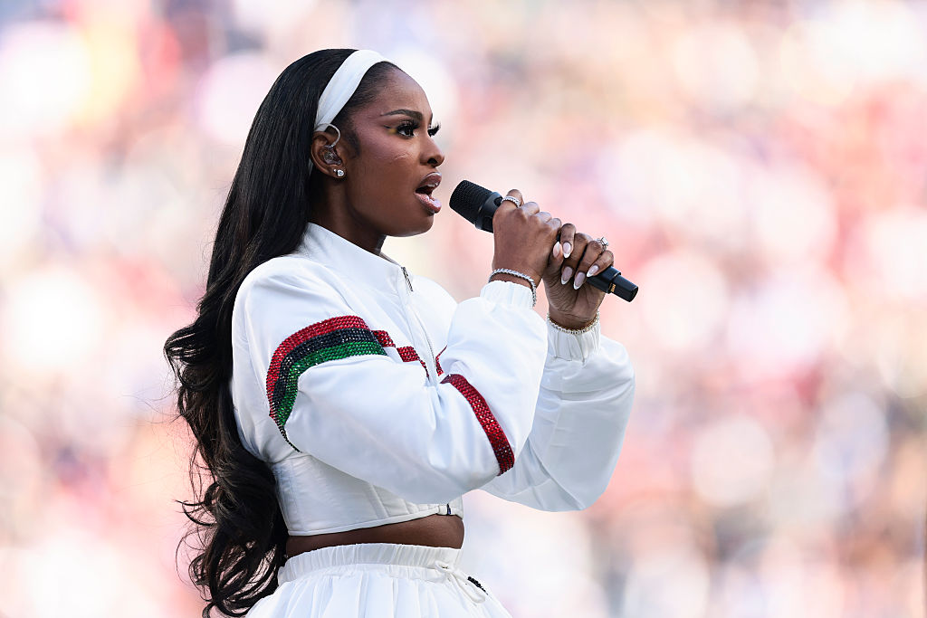 SANTA CLARA, CALIFORNIA - FEBRUARY 08: Singer Coco Jones performs “Lift Every Voice and Sing" prior to Super Bowl LX between the New England Patriots and the Seattle Seahawks at Levi's Stadium on February 08, 2026 in Santa Clara, California. (Photo by Kathryn Riley/Getty Images)