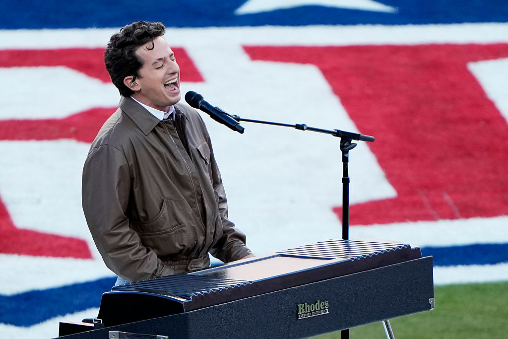 SANTA CLARA, CALIFORNIA - FEBRUARY 08: Charlie Puth performs the National Anthem during Super Bowl LX at Levi's Stadium on February 08, 2026 in Santa Clara, California. (Photo by Thearon W. Henderson/Getty Images)