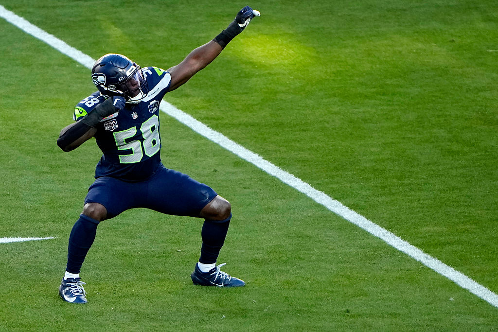 SANTA CLARA, CALIFORNIA - FEBRUARY 08: Derick Hall #58 of the Seattle Seahawks reacts after a sack against the New England Patriots during the first quarter Super Bowl LX at Levi's Stadium on February 08, 2026 in Santa Clara, California. (Photo by Thearon W. Henderson/Getty Images)