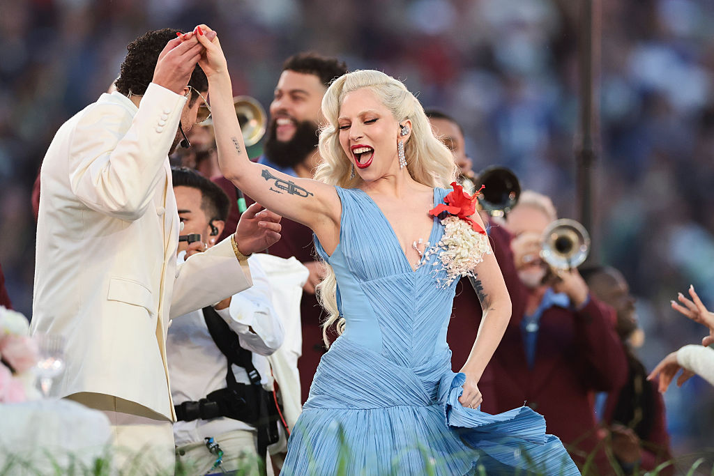 SANTA CLARA, CALIFORNIA - FEBRUARY 08: Lady Gaga and Bad Bunny perform during halftime of Super Bowl LX at Levi's Stadium between the New England Patriots and the Seattle Seahawks on February 08, 2026 in Santa Clara, California. (Photo by Kathryn Riley/Getty Images)