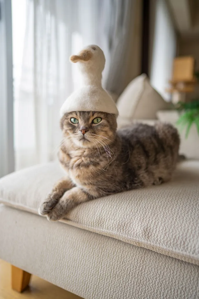 A cat sitting on a sofa wearing a duck hat