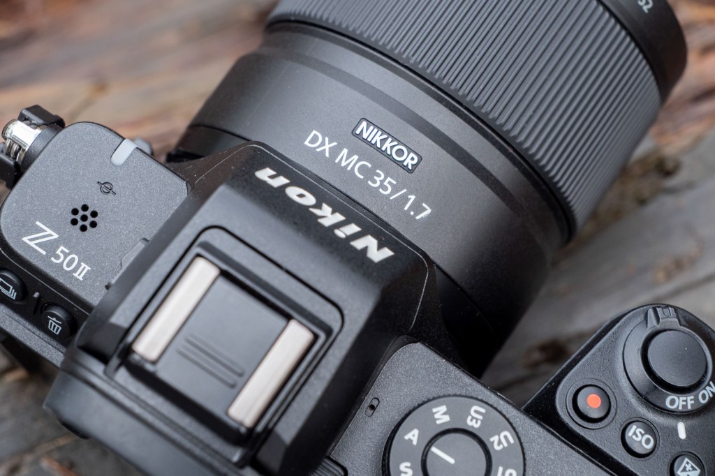 A close up of the labelling of the Nikkor DX MC 35mm lens