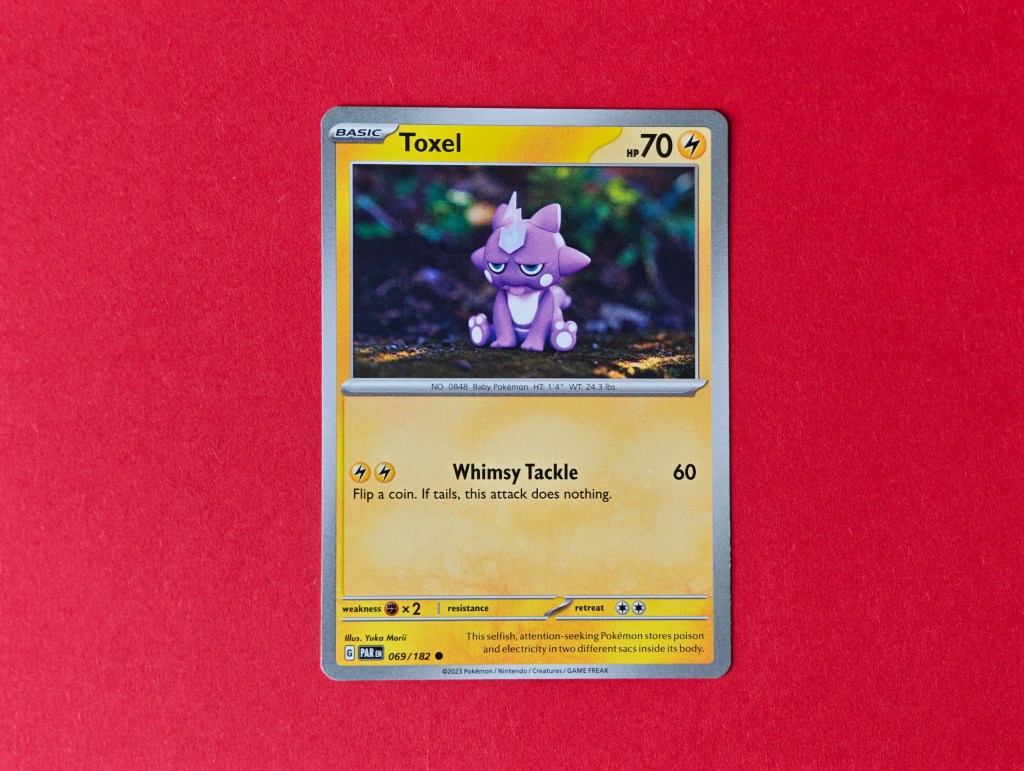 A Toxel Pokemon card, with artwork by Yuka Morii