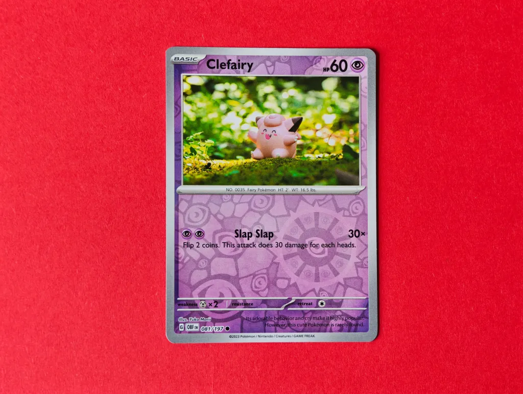A Clefairy Pokemon card, with artwork by Yuka Morii