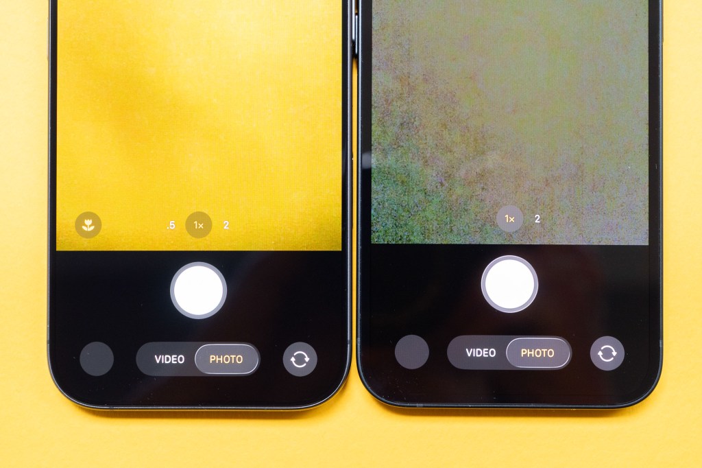A close-up of both the camera apps of the iPhone 17 and the iPhone 16e
