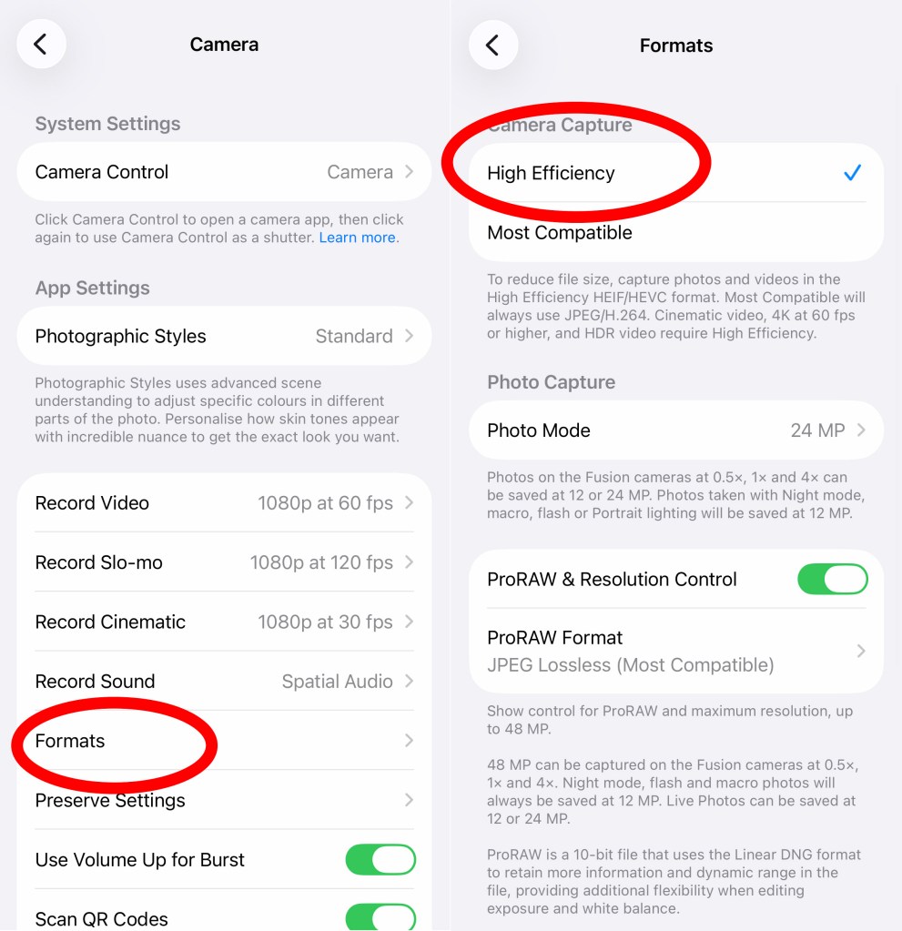 A screenshot showing how to shoot HEIF photos on your iPhone