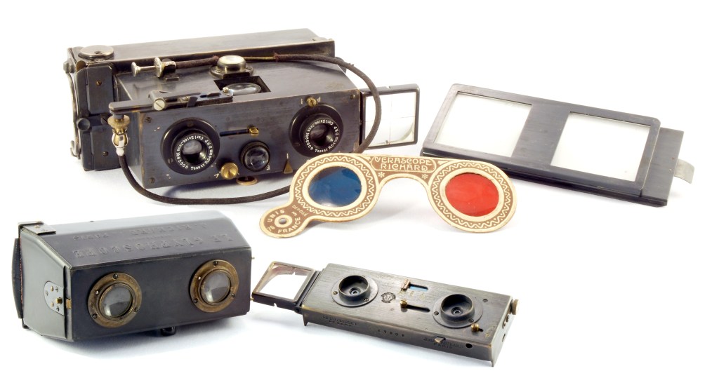Two cameras made by Jules Richard of Paris: the Verascope with focusing screen and stereo viewing glasses (above) and a Glyphoscope with its detachable shutter and aperture panel that turned it into a stereo viewer