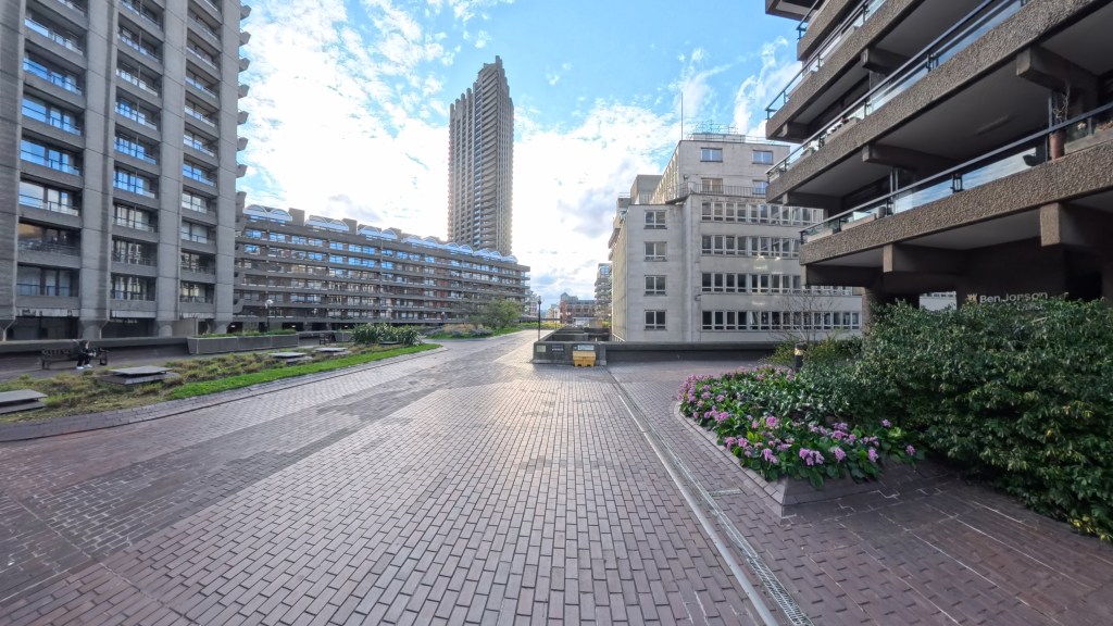 A sample image from the Insta360 X5, showing an expansive view of London's Barbican