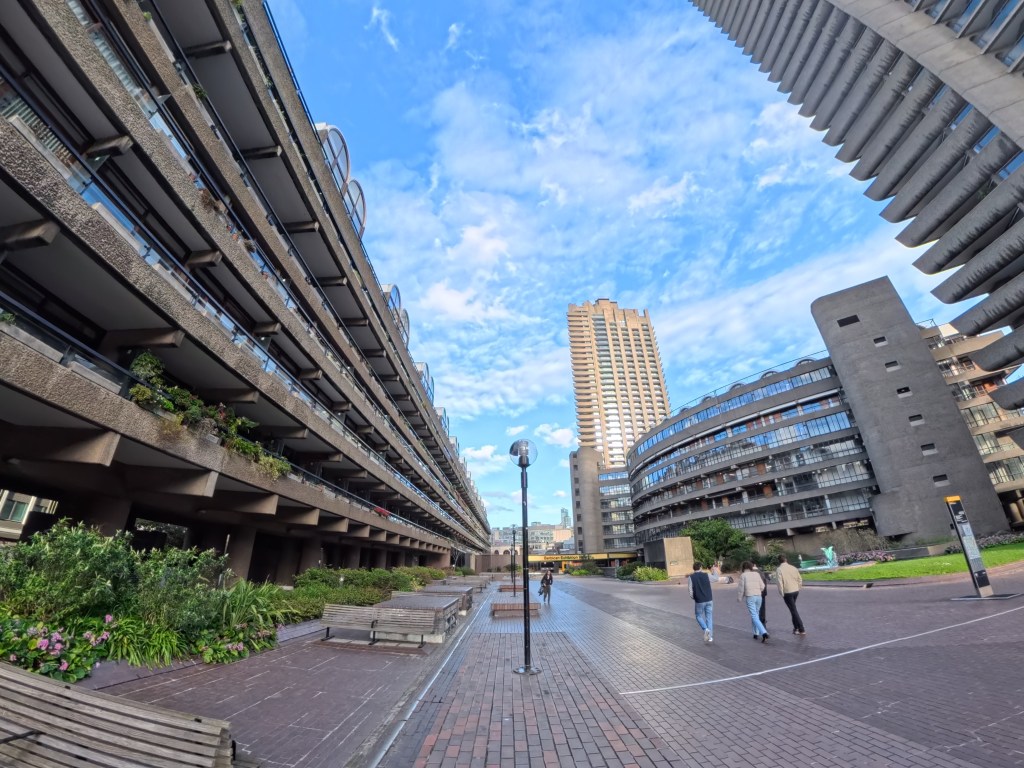 A sample image from the Insta360 X5, showing an expansive view of London's Barbican