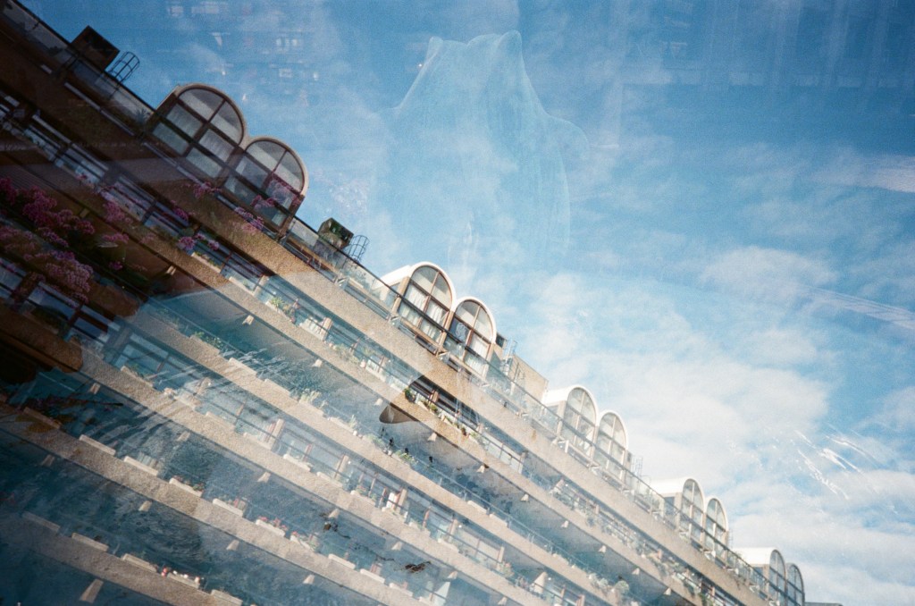 Sample photograph taken with Kodak Snapic A1 showing multiple exposure of architectural detail at the Barbican and a fountain