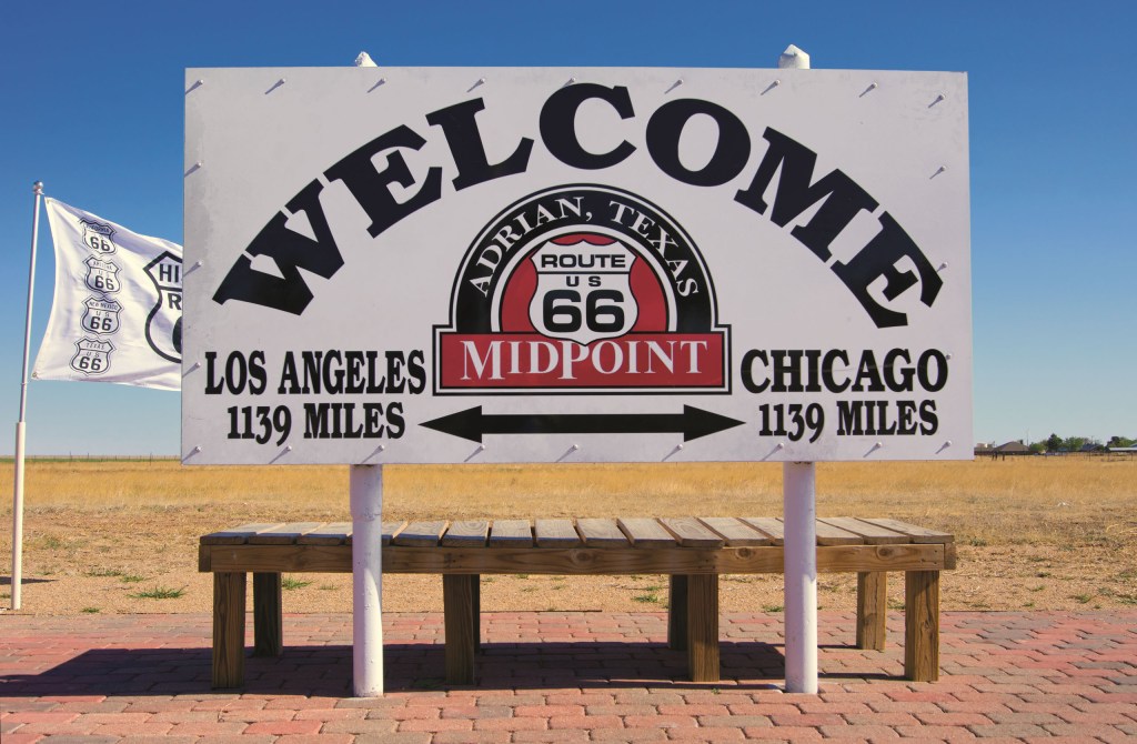 welcome sign in Adrian TX, the self styled ‘Midpoint of Route 66'