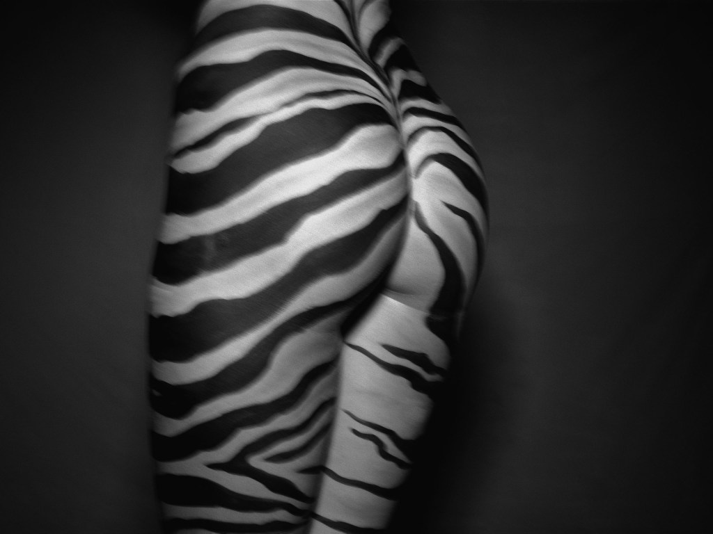 black and white photo os the backside view of a woman's arse with zebra print