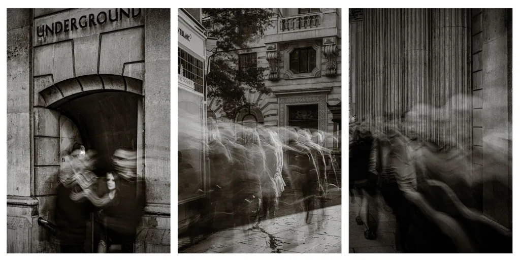 Black and white photo of Slow shutter speed street photography