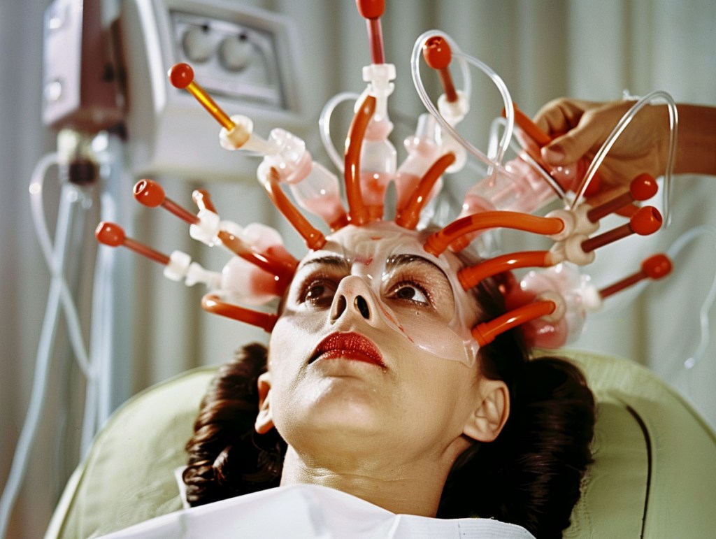 Colour photograph of a woman’s head with tubes stuck around her head.