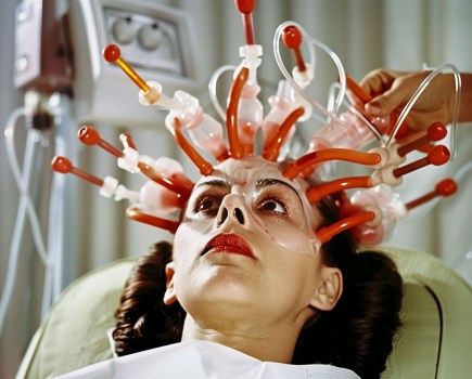 Colour photograph of a woman’s head with tubes stuck around her head.