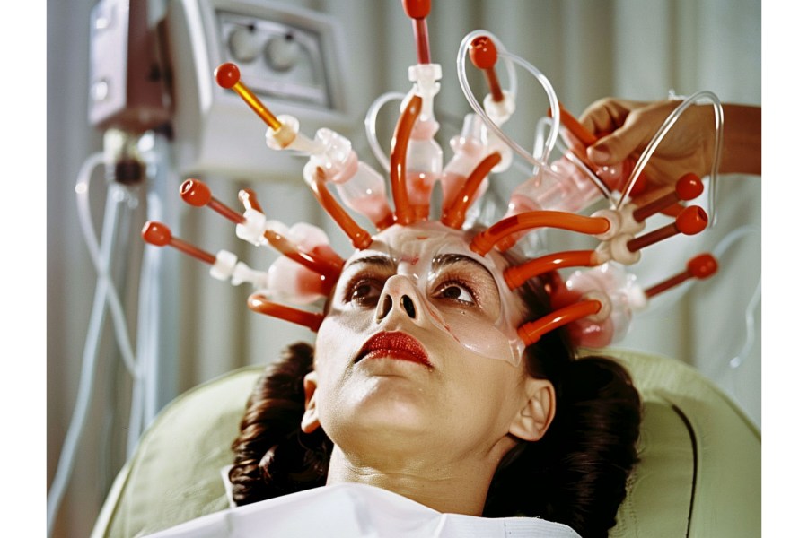 Colour photograph of a woman’s head with tubes stuck around her head.