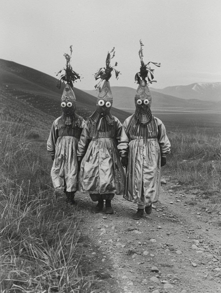 Black and white photograph of three people in masquerade costumes walking along a pathway.