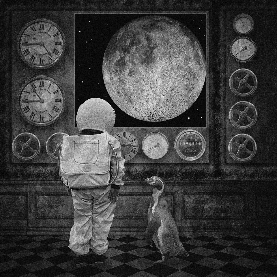 Composite image of a boy dressed in a spacesuit with a penguin next to him looking out to the moon