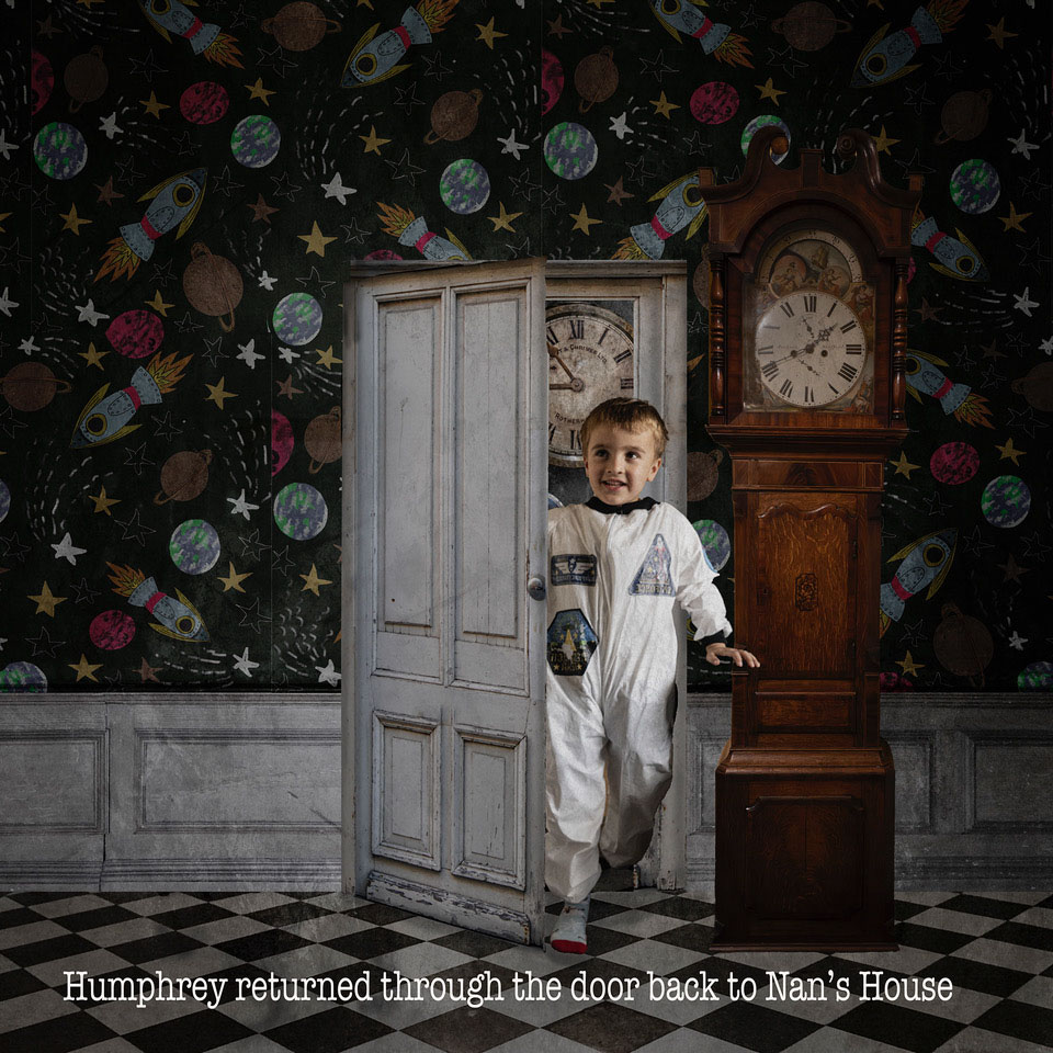 A composite image of a boy in a spacesuit opening a door