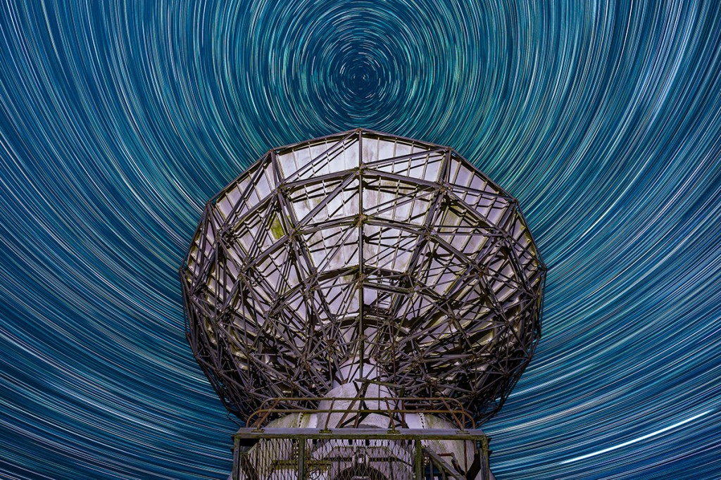 dishes from the AMI LA (Arcminute Microkelvin Imager Large Array) at the MRAO (Mullard Radio Astronomy Observatory) in Cambridge