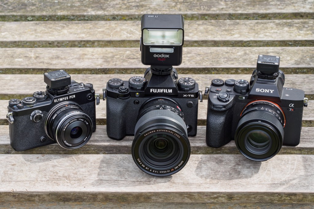 Godox iFlash iT32 on Fujifilm X-T5 with X5 triggers on Olympus PEN-F and Sony A7R V.