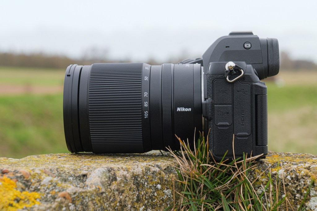 Nikon Nikkor Z 24-105 f/4-7.1 lens mounted on Nikon Z, side view