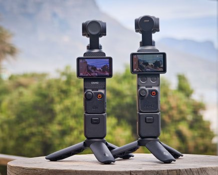 DJI OSmo Pocket 4 product photo, side by side with the DJI Osmo Pocket 3