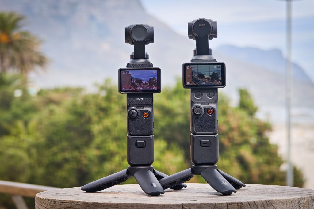 DJI OSmo Pocket 4 product photo, side by side with the DJI Osmo Pocket 3