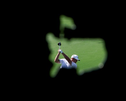 AUGUSTA, GEORGIA - APRIL 08: Bryson DeChambeau of the United States plays a shot on the driving range during a practice round prior to the 2025 Masters Tournament at Augusta National Golf Club on April 08, 2025 in Augusta, Georgia. (Photo by Richard Heathcote/Getty Images)