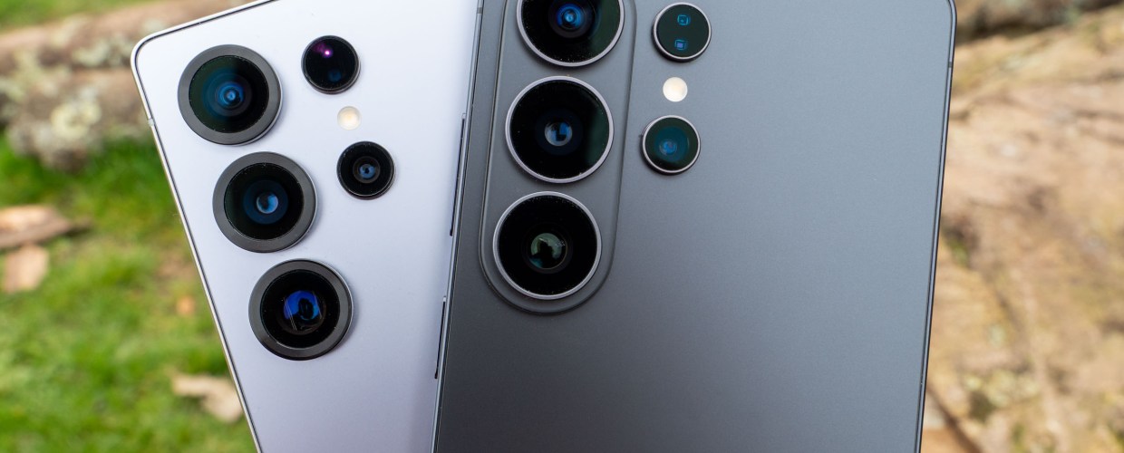 The Samsung Galaxy S26 Ultra in front of the Samsung Galaxy S25 Ultra