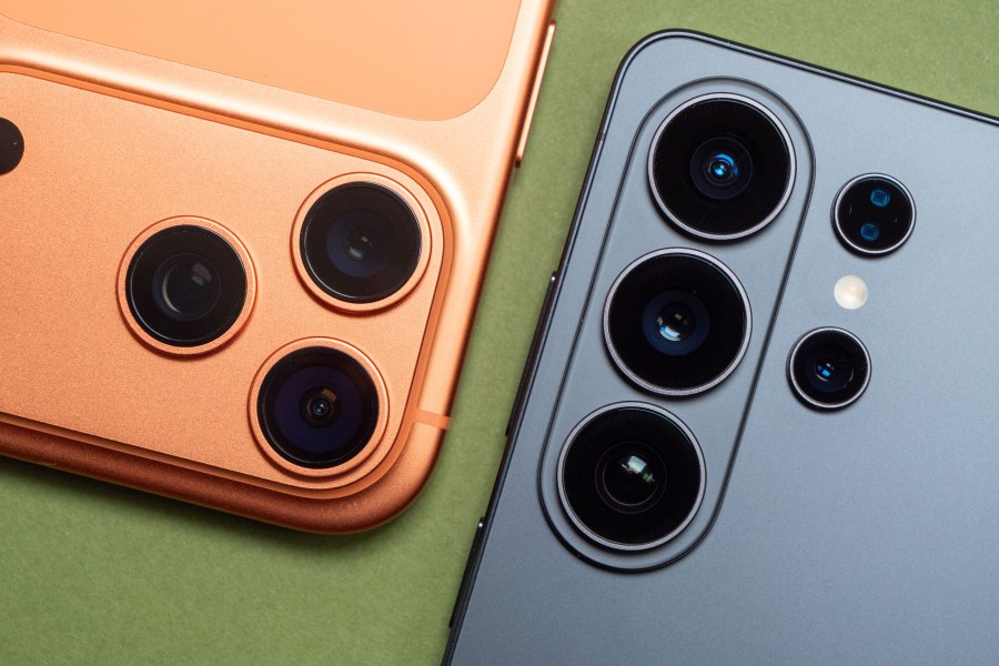 The camera units of the iPhone 17 Pro next to the camera units of the Samsung Galaxy S26 Ultra