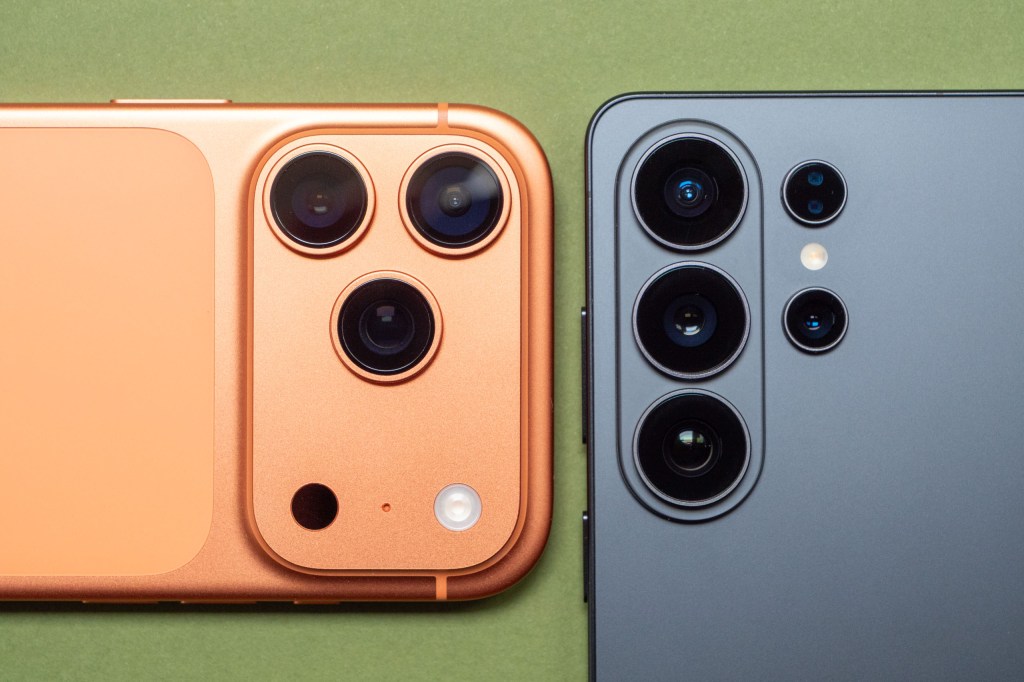 The camera units of the iPhone 17 Pro next to the camera units of the Samsung Galaxy S26 Ultra