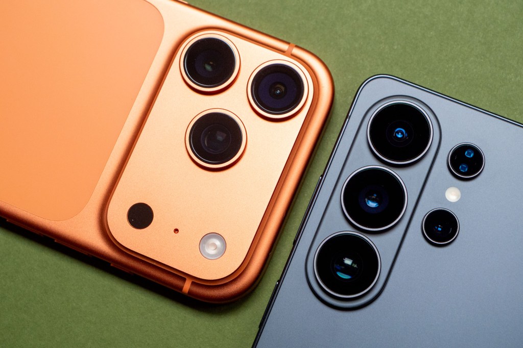 The camera units of the iPhone 17 Pro next to the camera units of the Samsung Galaxy S26 Ultra