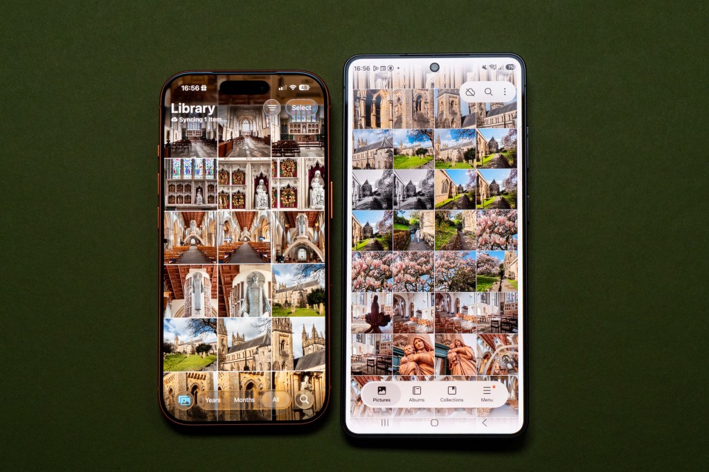 The iPhone 17 Pro next to the Samsung Galaxy S26 Ultra, showing images taken with each camera on screen