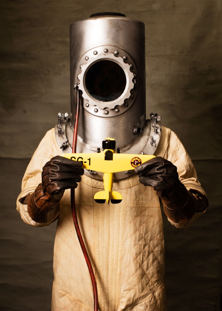 Ryan Nagata modelling his replica of Wiley Post’s 1934 pressure suit, made for the Stafford Air and Space Museum