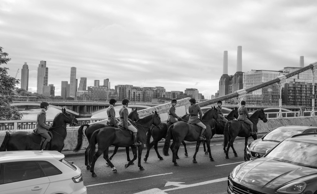 black and white photo of a horse mounted regiment in the middle of the road with cars