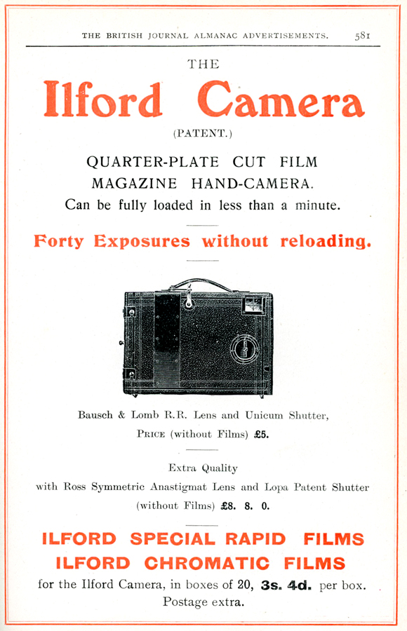 A 1902 advertisement for the Ilford Magazine Hand Camera