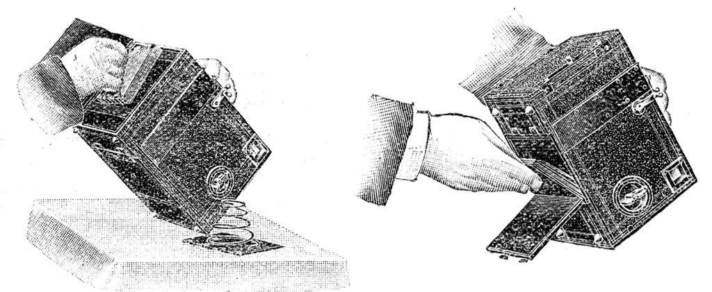 From the British Journal of Photography Almanac for 1902: How the Magazine Camera was loaded (left) and unloaded