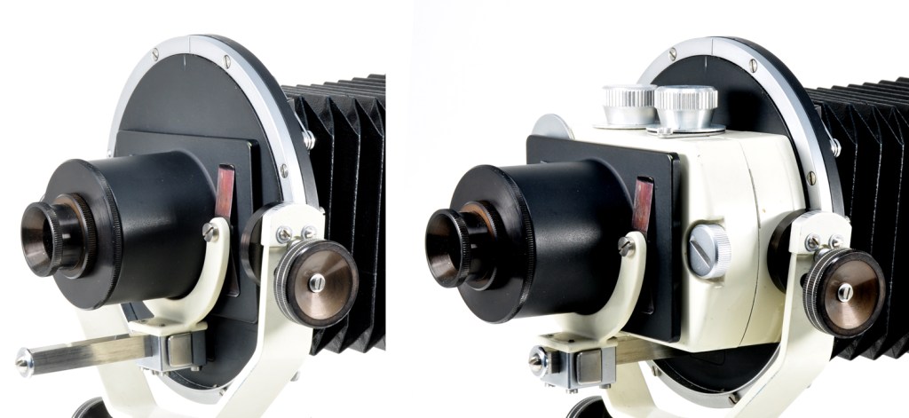 The magnifier that covered the focusing screen at the rear of the Monobar (left) and, with the focusing screen plus magnifier withdrawn, the film holder dropped in place
