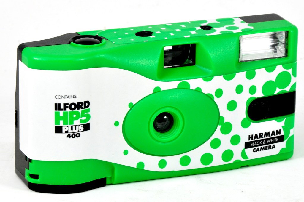 Still available today: a Harman black and white disposable camera preloaded with Ilford HP5 film