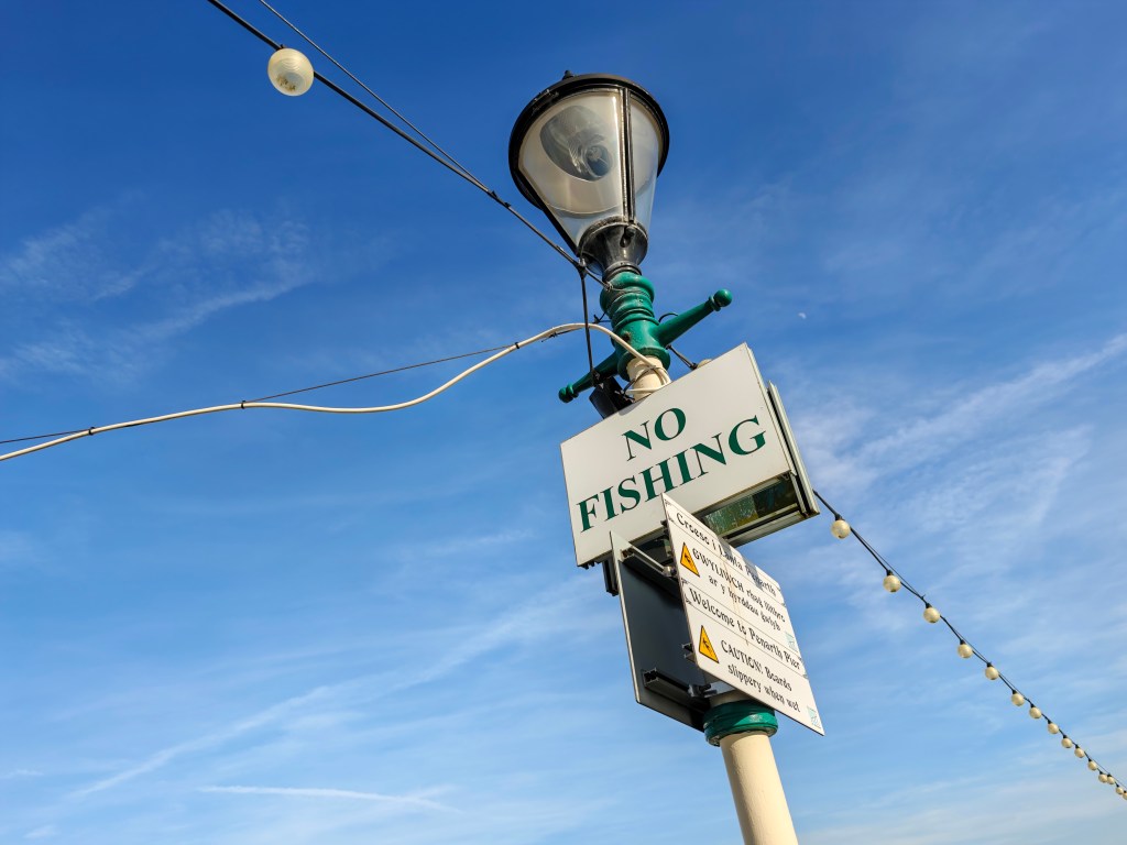 A picture of a lamppost with a sign attached to it which says "No fishing"