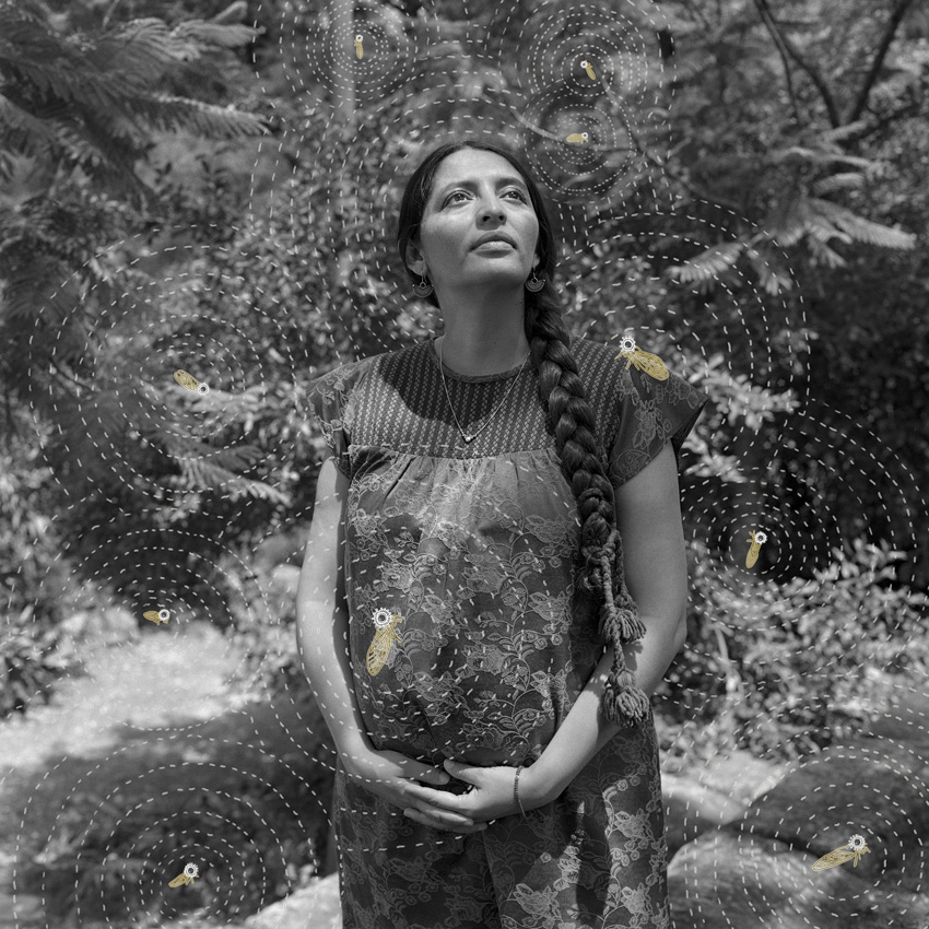 black and white portrait of a woman looking up
