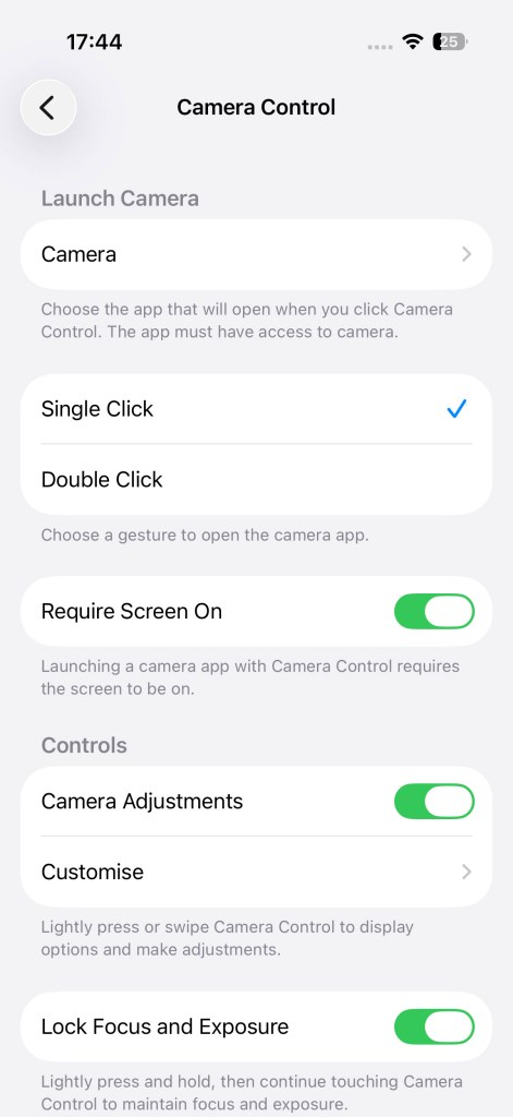Camera control settings