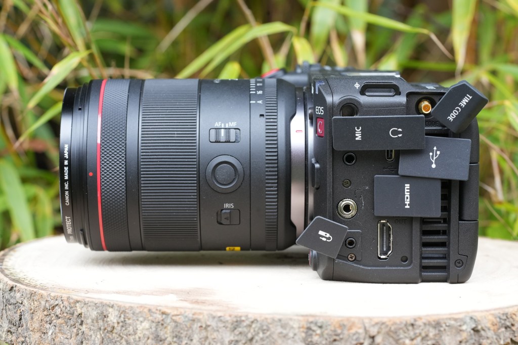 anon EOS C50 mirrorless camera side view with connection ports