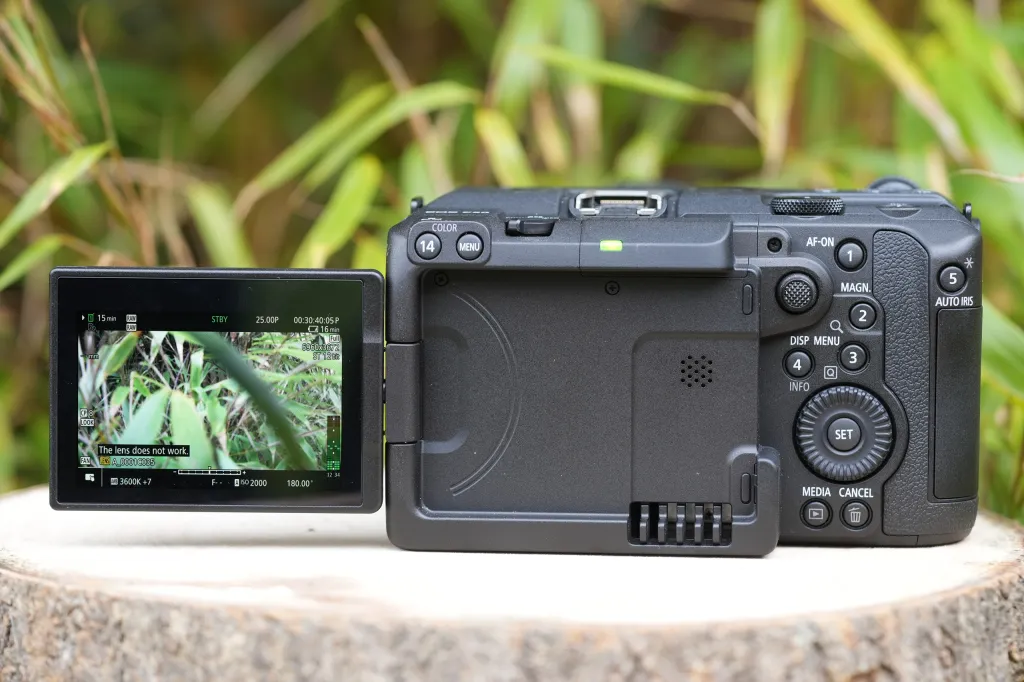 anon EOS C50 mirrorless cameraanon EOS C50 mirrorless camera, articulating screen tilted out