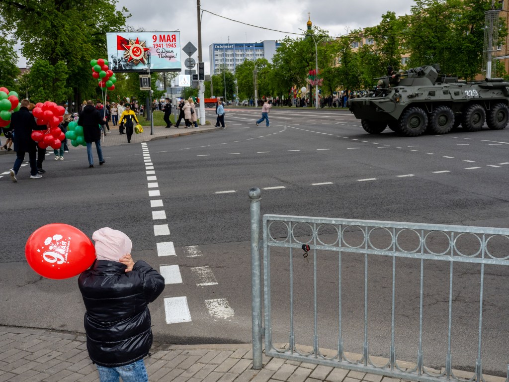 BREST, BELARUS - MAY 9, 2026: A Soviet-designed BTR-series armoured personnel carrier, leads the Victory Day parade. Image Credit: Peter Dench