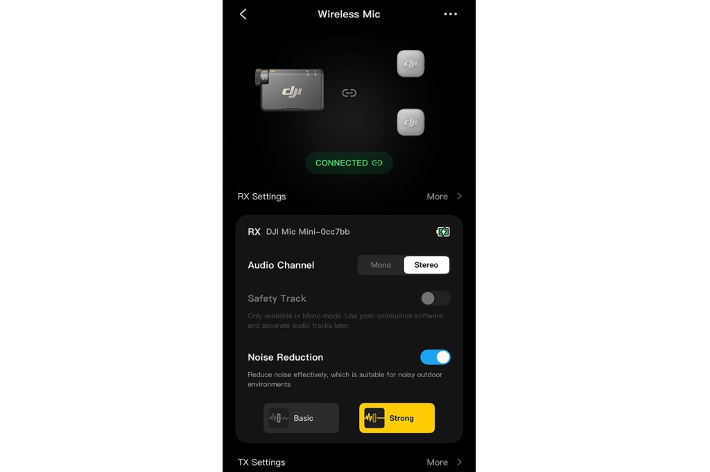 DJI Mimo app screenshot showing mic settings