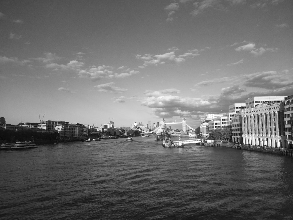 Sample from Camp Snap CS-PRO, showing a view from London Bridge under B+W setting, image is monochrome