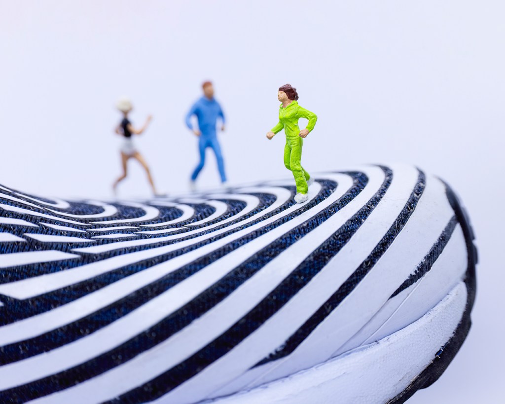 close-up of miniature runners on a trainer
